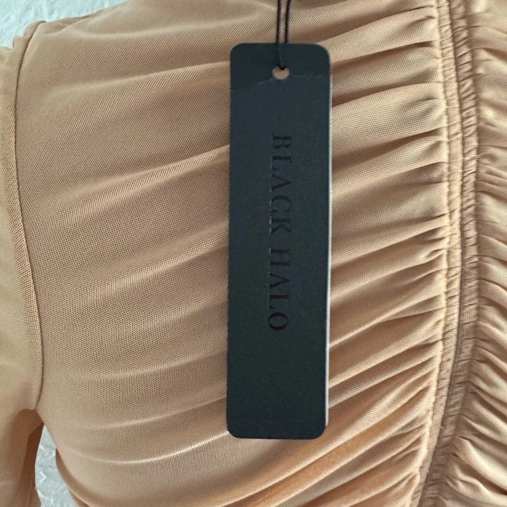 Black Halo Women's Meadow Mini Ruched Mesh Bodycon Honey Beige CLUB Dress 4 - Picture 5 of 6
